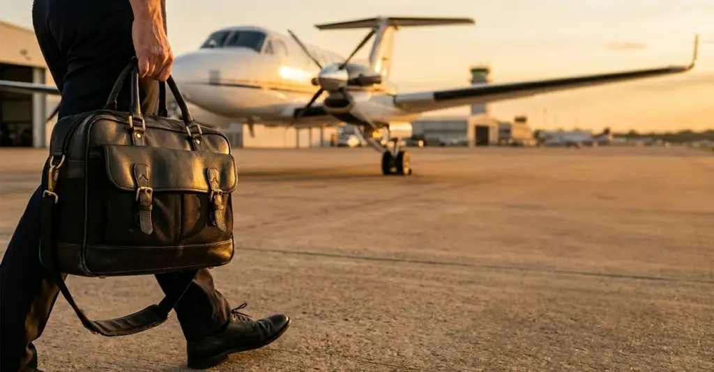 A pilot with his flight bag crossing the tarmac to his plane.
