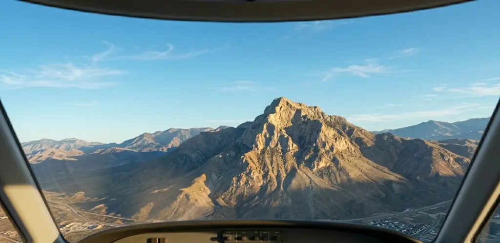 A mountain as viewed from a cockpit.